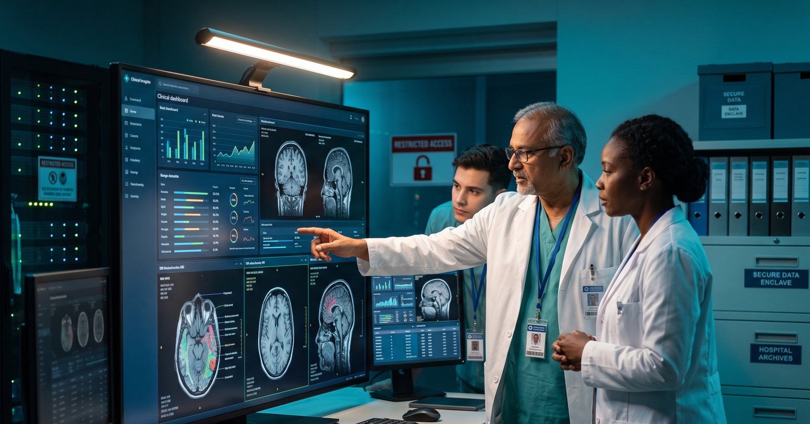 Senior clinical research team reviewing imaging datasets on workstation